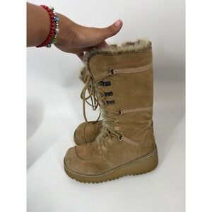 Y2K Vintage Report Suede Boots 7.5 Beige Tan Chunky Faux Fur Platform
